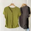 Camiseta de Algodón Tencel 2026 con Pliegues Laterales en la Cintura Adelgazante, Cuello en V, Botones para Mujer, Estilo Coreano de Verano, Hombro Normal, Corte Delgado, Top Elástico