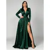 Nuevo vestido de noche largo elegante con cuello en V, manga larga y abertura, estilo europeo y americano, comercio exterior transfronterizo, para mujer