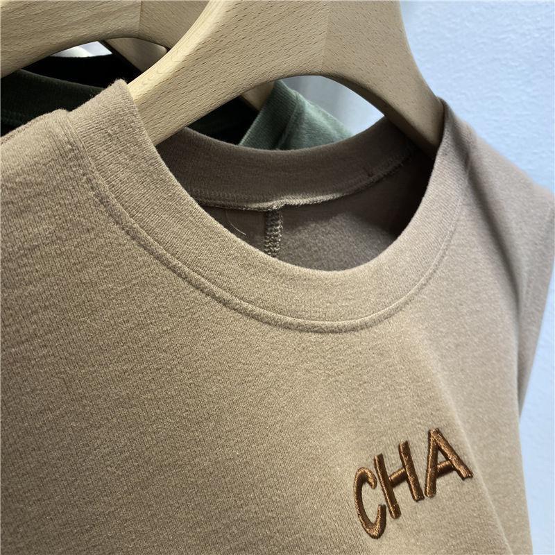 双面德绒字母刺绣长袖T恤女春季新款圆领加绒加厚内搭打底衫上衣