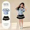 Conjunto de Vestido de Bolo Duas Peças Tendência Estilo Coreano para Meninas Mais Velhas, Novo Conjunto de Camisa Polo Color Block e Vestido de Verão