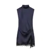 Roupas Europeias e Americanas Femininas Transfronteiriças, Moda Casual Popular no Aliexpress com Renda em Patchwork Textura de Cetim de Seda Vestido Curto