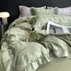 Juego de cuatro piezas de seda lavada con tacto fresco de verano, funda nórdica de seda helada, sábana y sábana bajera de Tencel sedosas y lisas estilo europeo para dormir desnudo