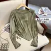 Camiseta Tie-Dye Manga Longa Solta Emagrecedora para Mulheres, Design Irregular, Nova Tendência Estilo Coreano Primavera e Outono 2025 Top com Cordão