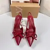 Sapatos de salto fino femininos novos e estilosos, sem costas, salto agulha, bico fino, bico pontudo, sandálias de tira única, primavera e outono, estilo elegante, com laço