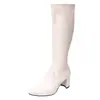 Botas femininas de couro europeias e americanas, afuniladas, bico fino, cano alto longo, com salto grosso para outono e inverno, tecido bege