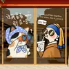 Creativas calcomanías de dibujos animados para puertas de vidrio, populares en cafés de moda y tiendas de té de burbujas, para decoración y exhibición de ventanas, con pinturas famosas, y sirviendo como letreros de bienvenida para la tienda
