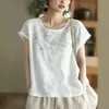 Camiseta de algodón de verano estilo étnico, nueva, vintage, con bordado pesado, cuello redondo para mujer, top versátil fino y elegante para mujer