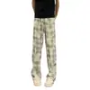 Calças masculinas xadrez de veludo cotelê, forradas com fleece para outono e inverno, modelagem solta, perna reta, estilo casual, calças largas estilo retrô americano para adolescentes