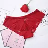 Calcinha sexy de renda transfronteiriça feminina com fundo de algodão, cintura baixa, sem costura, vazada, transparente, tamanho grande europeu e americano