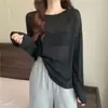 Camisa feminina de manga longa com proteção solar, novo modelo de verão, versão azul céu levemente transparente, corte solto, estilo básico transfronteiriço, saída de praia de gola redonda para mulheres