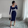 2026 Nueva Moda Transfronteriza Europea y Americana de Amazon Patchwork Bloques de Color Falda Midi Sexy Bodycon Vestido de Manga Larga