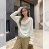 Blusa de tricô elegante estilo francês com ombros à mostra e mangas compridas para mulheres, estilo outonal suave, blusa básica de corte solto estilo coreano