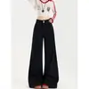 Jeans Negros de Doble Botón de Tiro Alto de Pierna Ancha para Mujer, Estilo Nuevo Moderno y Versátil, Pantalones Acampanados Sueltos y Adelgazantes con Caída