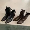 Botas de Piel de Vaca Estilo Nuevo para Chicas Asiáticas Atractivas~Punta Aguda Estilo Retro Corte en V Tacón Grueso Plisadas Botas Vaqueras Occidentales para Mujer Botines de Piel Genuina