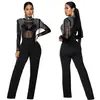 C7579 Moda Europea y Americana Transparente de Malla con Pedrería Mono de Manga Larga Sexy para Mujer Cross-Border Aliexpress Amazon