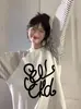 Camiseta de Manga Larga con Estampado de Letras Creativo y Rayas Empalmadas para Mujer Diseño Casual Holgado Versátil Top de Cuello Redondo en Color de Contraste