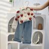 Roupas Infantis Estilo Coreano para Meninas 2025 Primavera Novo Conjunto de Duas Peças Cardigã de Tricô Estilo Morango Versátil Suéter e Jeans