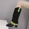 Botas de Cano Alto Europeias e Americanas Outono e Inverno 48 Botas de Couro Femininas Transfronteiriças 46 Bico Redondo Slip-On Sapatos Femininos de Salto Alto Salto Quadrado Tamanho Grande Botas Femininas