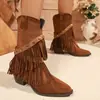 Botas de camurça com tachas, bico fino, salto médio, franjas, tamanho plus size para mulheres, nova coleção outono 2026, botas de salto grosso retrô até a panturrilha, disponíveis na Wish