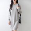 Vestido Tricô Gola Redonda 100% Lã Pura Feminino Tamanho Grande Solto Saia Suéter Outono e Inverno Novo Look Emagrecedor Base