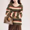 Suéter Tricotado Solto Estilo Preguiçoso com Gola Redonda e Listras Contrastantes, Novo Estilo Outono e Inverno Retrô Coreano, Suéter de Manga Longa Pulôver para Mulheres