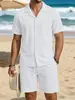 Conjunto de Camisa Casual de Algodão e Linho de Manga Longa com Botões e Shorts de Praia de Verão Estilo Americano para Férias Masculinas