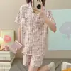 Pijama de Algodão Bolha Novo Estilo Cardigã Feminino Verão Calça Manga Curta Estilo Popular do Instagram Tecido Amassado Conjunto Estudante Roupas de Casa