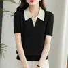 Salida de Liquidación Mostrador Retira Suéter de Hilo de Seda de Hielo Holgado con Cuello de Marca para Mujer, Elegante Camiseta de Manga Corta de Verano