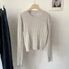 Suéter Básico de Malha Trançada de Manga Longa com Gola Redonda de Cor Sólida para Mulheres Outono Inverno Versátil Curto Cropped Cintura Marcada Emagrecedor Roupa de Baixo Pulôver
