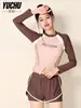 Traje de baño de dos piezas para mujer 2026, con bloques de color y manga larga, estilo shorts casual adelgazante, para playa, juegos acuáticos, resort de aguas termales