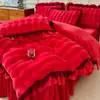 Juego de Invierno de Cuatro Piezas de Terciopelo de Leche Estilo Coreano, Lujo Ligero Piel de Conejo para Cama Doble, Sábana y Funda de Edredón Estilo Princesa con Borde de Encaje