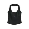 Top de Tirantes con Parches Retorcidos Estilo Chica Picante con Cuello Halter Nuevo Verano 2026 Ajuste Delgado Corto de Color Sólido Camisola para Mujer