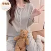 Conjunto de Pijama Cardigan de Cor Sólida com Gola Redonda para Mulheres, Outono, Algodão Elástico Imitado, Manga Longa, Calça Longa, com Bojos, Pode Ser Usado Fora de Casa, Conjunto para Casa
