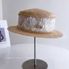 Sombrero de Moda de Rafia con Encaje, de Copa Plana para Mujer, Verano, Estilo Francés, Elegante, Transpirable, Sombrilla, Protección Solar, Sombrero de Paja