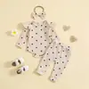 Comércio Exterior meninas primavera e outono novo conjunto amor estampado waffle manga longa macacão + calça + faixa de cabelo conjunto de três peças