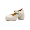 Sapatos Mary Janes Confortáveis de Couro Genuíno com Aumento de Altura e Solado Grosso Estilo College Outono 2026 Salto Alto Grosso Bico Redondo Couro Genuíno Laço Sapatos Únicos
