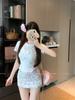 Camiseta de Manga Corta con Lazo Bordado para Mujer Verano Cuello Redondo Hombro Derecho con Gris Versátil Sexy Ajustada Top