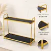Estante de Almacenamiento de Vidrio de Doble Capa Negro y Dorado Organizador de Cosméticos para Tocador de Baño Estante Organizador de Escritorio de Hierro Dorado