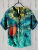 Camisa Polo de Hombre con Cuello en V Estampado Digital 3D, Lino de Bambú, 3 Materiales, Botones, Estilo Ukiyo-e Japonés, Transpirable y que Absorbe la Humedad