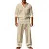 2025 Cross-border American Four Seasons Linen Masculino Casual Solto Respirável Manga Longa Calças Camisa Praia terno em estoque