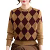 Suéter de punto argyle estilo universitario para mujer, de mediana edad y ancianas, cuello redondo, manga larga, holgado, estilo mamá, primavera y otoño, top de temperamento elegante