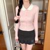 Cardigã de Tricô Rosa com Gola Peter Pan para Mulheres Primavera & Outono Estilo Francês Gentil Aparência Emagrecedora Top Curto com Gola Polo Manga Longa
