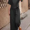 2023 transfronteiriço Amazon AliExpress roupas femininas europeias e americanas novo linho casual folgado cor sólida conjunto de duas peças
