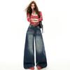 Pantalones de Pierna Ancha Sueltos de Cintura Alta Estilo Retro Americano Estilo Hot Girl Desgastados con Caída Jeans Rectos de Otoño e Invierno Mezclilla de Algodón para Mujer