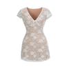 Spice Girls Vintage Sexy Encaje Cuello en V Manga Corta Vestido Corto Celebridad de Internet Puro Ajustado Cintura Ceñida Adelgazante Falda A