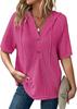 Top de Verano Waffle de Punto de Manga Corta con Capucha y Cordón Ligera Camisa de Botones con Cuello en V para Mujer Cross Border 2025