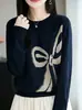 Camiseta Interior de Punto Jacquard con Lazo Reductor de Edad para Mujer Nueva Moda Primavera y Otoño 2025 Tendencia de Suéteres de Otoño e Invierno para Mujer