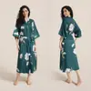 Robe de Verão Feminino Transfronteiriço em Cetim Estampado Plus Size, Camisola Longa Fresca de Luxo Leve com Manga de Sete Quartos, Roupa de Casa Fina para Mulheres