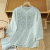 Camisa de algodón y lino bordada de estilo étnico para mujer, top cárdigan fino de algodón y lino de estilo chino de moda y hermoso para verano, manga de farol