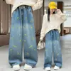 Jeans para niñas, estilo primavera y otoño, pantalones de pierna ancha con bordado de gato de dibujos animados, pantalones rectos holgados para niños mayores, estilo coreano, modernos para otoño